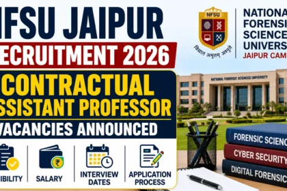 NFSU Jaipur Recruitment 2026 thumbnail featuring the National Forensic Sciences University Jaipur campus, Assistant Professor recruitment announcement, forensic science books, and academic hiring highlights.
