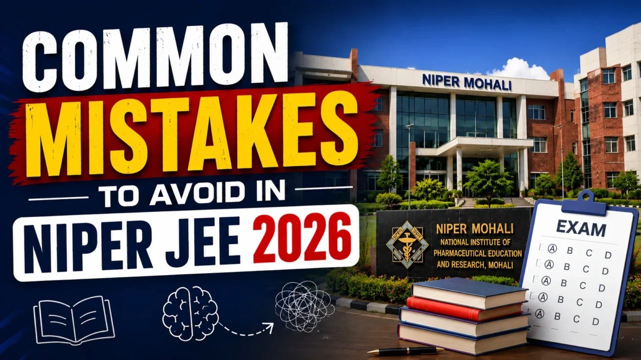 Common Mistakes to Avoid in NIPER JEE 2026 thumbnail featuring NIPER Mohali campus, exam clipboard, books, and study icons with bold educational text.
