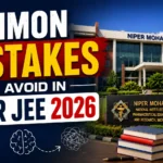 Common Mistakes to Avoid in NIPER JEE 2026 thumbnail featuring NIPER Mohali campus, exam clipboard, books, and study icons with bold educational text.