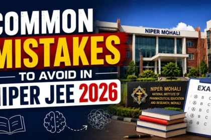 Common Mistakes to Avoid in NIPER JEE 2026 thumbnail featuring NIPER Mohali campus, exam clipboard, books, and study icons with bold educational text.