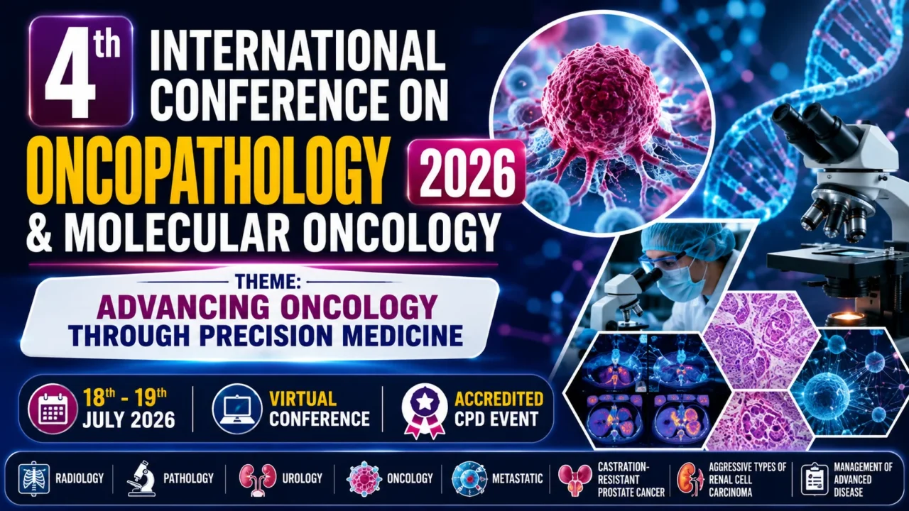 Promotional banner for the 4th International Conference on Oncopathology & Molecular Oncology 2026 featuring cancer cell imagery, DNA strands, microscope, pathology slides, and precision medicine research visuals.