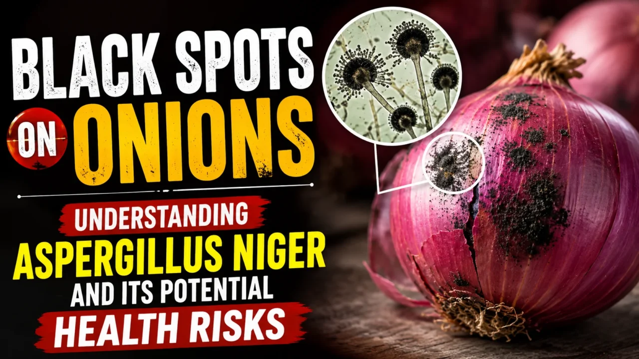 Close-up of a red onion with black fungal spots caused by Aspergillus niger, alongside a magnified microscopic view of the fungus, highlighting potential health risks associated with mold-contaminated onions.