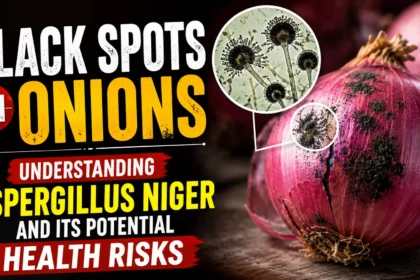Close-up of a red onion with black fungal spots caused by Aspergillus niger, alongside a magnified microscopic view of the fungus, highlighting potential health risks associated with mold-contaminated onions.