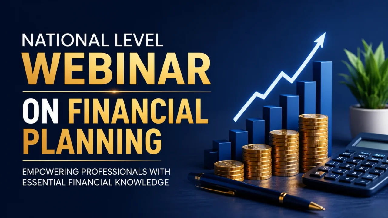 National Level Webinar on Financial Planning thumbnail featuring a financial growth chart, stacked coins, calculator, and professional blue corporate background.