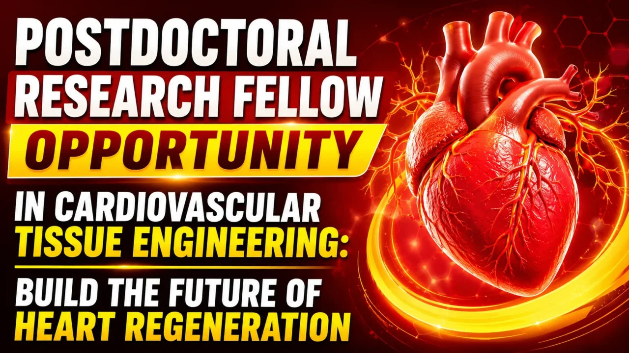 Postdoctoral Research Fellow Opportunity in Cardiovascular Tissue Engineering thumbnail featuring a realistic human heart illustration with vibrant red and yellow futuristic medical research background.