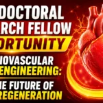 Postdoctoral Research Fellow Opportunity in Cardiovascular Tissue Engineering thumbnail featuring a realistic human heart illustration with vibrant red and yellow futuristic medical research background.