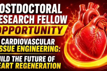 Postdoctoral Research Fellow Opportunity in Cardiovascular Tissue Engineering thumbnail featuring a realistic human heart illustration with vibrant red and yellow futuristic medical research background.