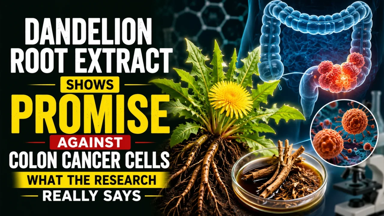 Medical research thumbnail showing dandelion root extract, colon anatomy, cancer cells, and laboratory imagery, highlighting research into the potential effects of dandelion root on colon cancer cells.