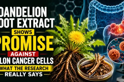 Medical research thumbnail showing dandelion root extract, colon anatomy, cancer cells, and laboratory imagery, highlighting research into the potential effects of dandelion root on colon cancer cells.