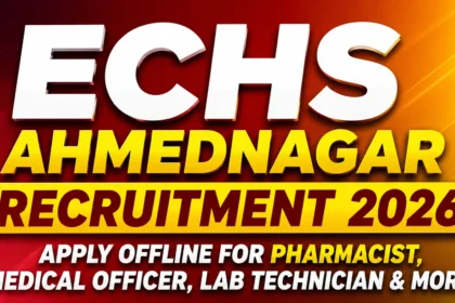 ECHS Ahmednagar Recruitment 2026 thumbnail featuring a red-orange gradient background with bold text announcing offline recruitment for Pharmacist, Medical Officer, Lab Technician, and other posts.