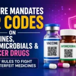Centre mandates QR codes on vaccines, antimicrobials, and cancer drugs to fight counterfeit medicines, featuring medicine packaging with QR codes and a healthcare protection shield.