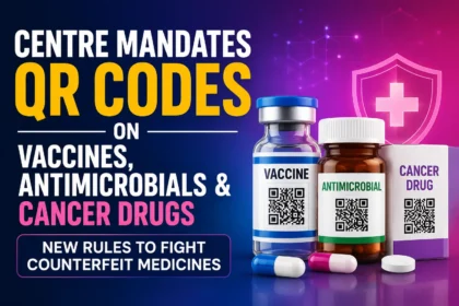 Centre mandates QR codes on vaccines, antimicrobials, and cancer drugs to fight counterfeit medicines, featuring medicine packaging with QR codes and a healthcare protection shield.