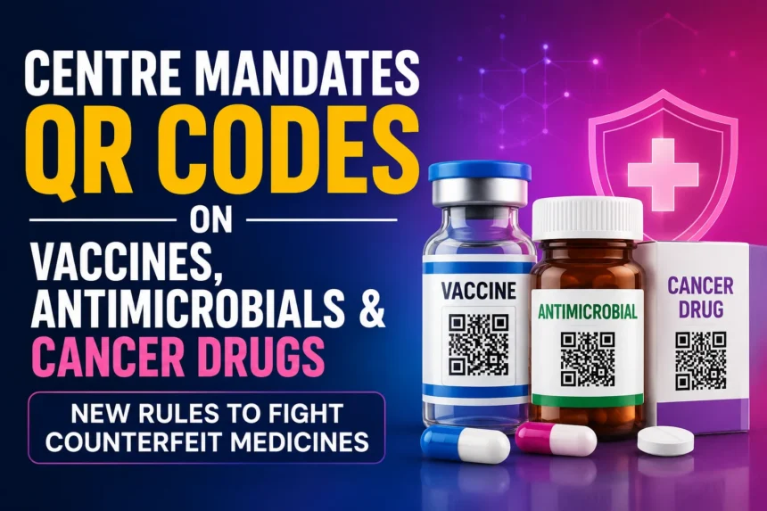 Centre mandates QR codes on vaccines, antimicrobials, and cancer drugs to fight counterfeit medicines, featuring medicine packaging with QR codes and a healthcare protection shield.
