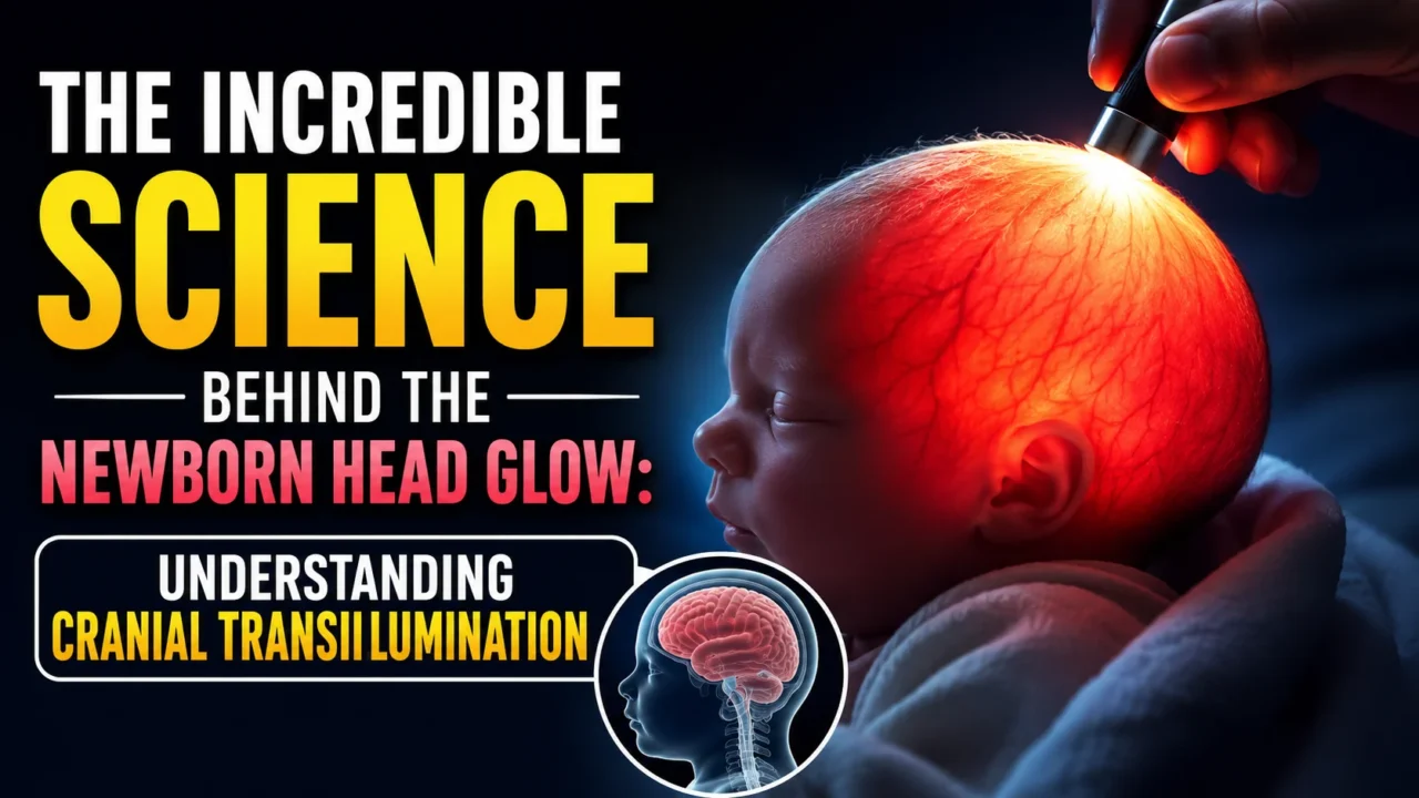 A medical-themed YouTube thumbnail showing a newborn baby's head glowing red during a cranial transillumination examination. A doctor shines a light on the infant's skull, with bold text explaining the science behind the newborn head glow.