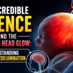 A medical-themed YouTube thumbnail showing a newborn baby's head glowing red during a cranial transillumination examination. A doctor shines a light on the infant's skull, with bold text explaining the science behind the newborn head glow.