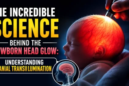 A medical-themed YouTube thumbnail showing a newborn baby's head glowing red during a cranial transillumination examination. A doctor shines a light on the infant's skull, with bold text explaining the science behind the newborn head glow.
