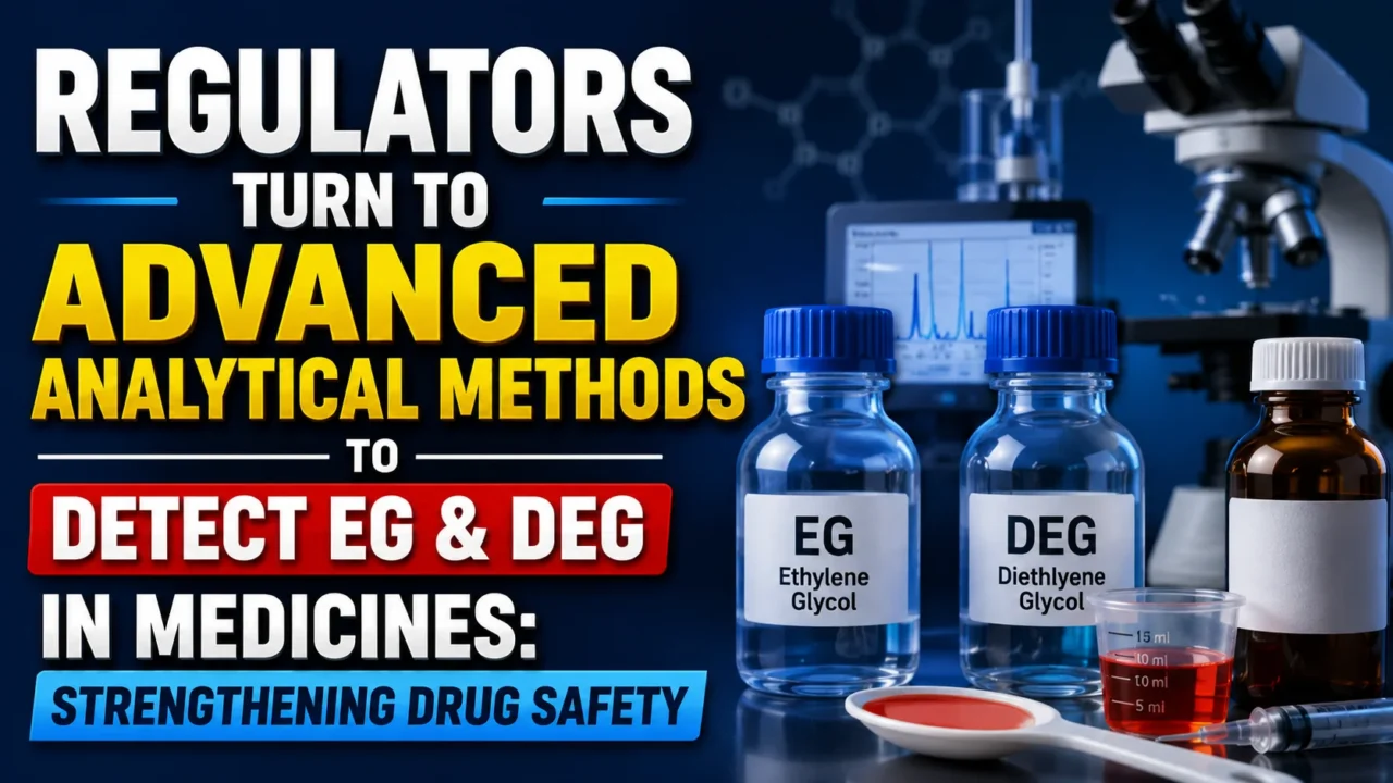 YouTube thumbnail illustrating pharmaceutical safety testing with laboratory equipment, microscope, analytical instruments, medicine bottles, and labeled EG (Ethylene Glycol) and DEG (Diethylene Glycol) samples, highlighting advanced analytical methods for detecting toxic contaminants in medicines.