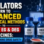 YouTube thumbnail illustrating pharmaceutical safety testing with laboratory equipment, microscope, analytical instruments, medicine bottles, and labeled EG (Ethylene Glycol) and DEG (Diethylene Glycol) samples, highlighting advanced analytical methods for detecting toxic contaminants in medicines.