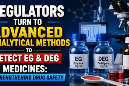 YouTube thumbnail illustrating pharmaceutical safety testing with laboratory equipment, microscope, analytical instruments, medicine bottles, and labeled EG (Ethylene Glycol) and DEG (Diethylene Glycol) samples, highlighting advanced analytical methods for detecting toxic contaminants in medicines.