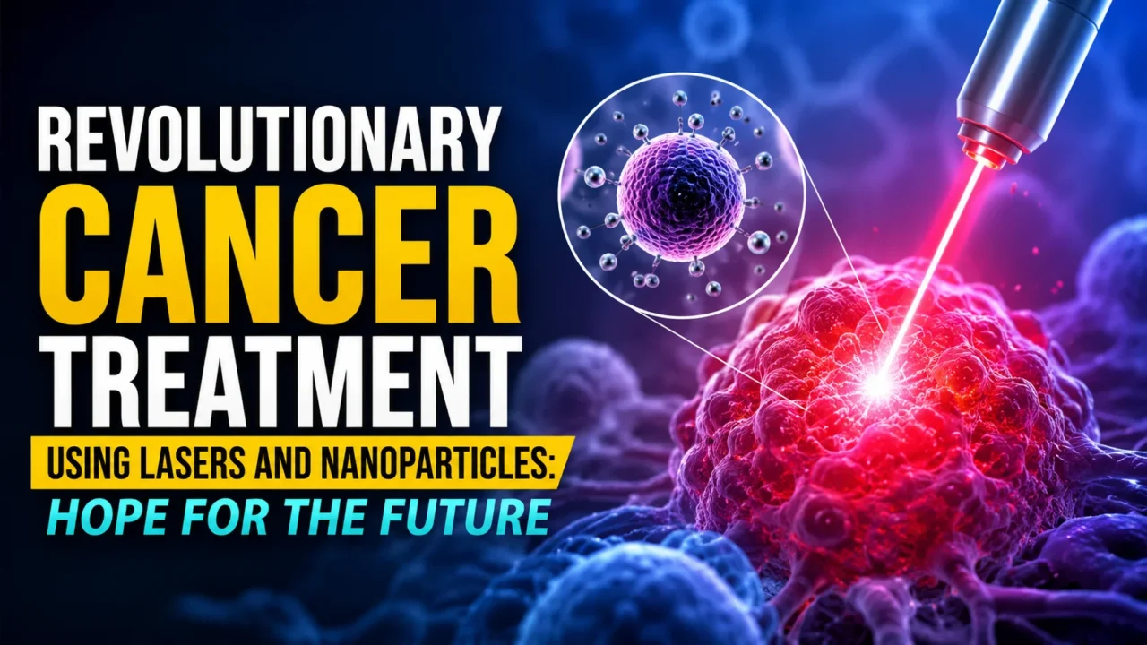 Futuristic cancer treatment illustration showing laser-targeted tumor destruction using nanoparticles, representing advanced nanotechnology and precision oncology research.