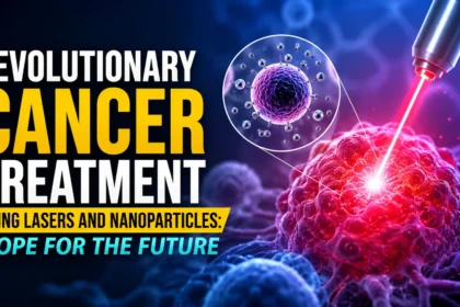 Futuristic cancer treatment illustration showing laser-targeted tumor destruction using nanoparticles, representing advanced nanotechnology and precision oncology research.