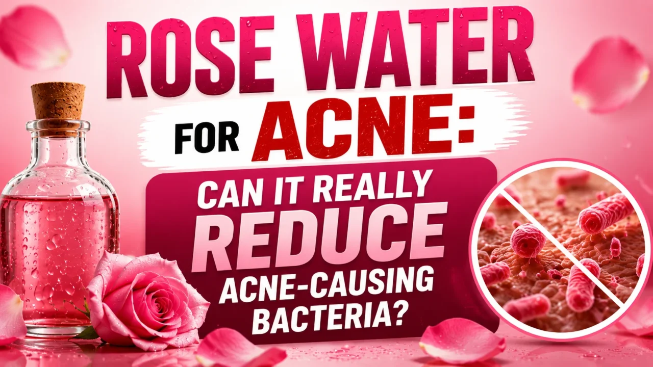 Rose water for acne thumbnail featuring a rose water bottle, pink rose petals, and a bacteria illustration with the text discussing whether rose water can reduce acne-causing bacteria.