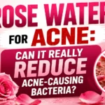 Rose water for acne thumbnail featuring a rose water bottle, pink rose petals, and a bacteria illustration with the text discussing whether rose water can reduce acne-causing bacteria.