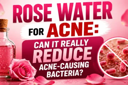 Rose water for acne thumbnail featuring a rose water bottle, pink rose petals, and a bacteria illustration with the text discussing whether rose water can reduce acne-causing bacteria.