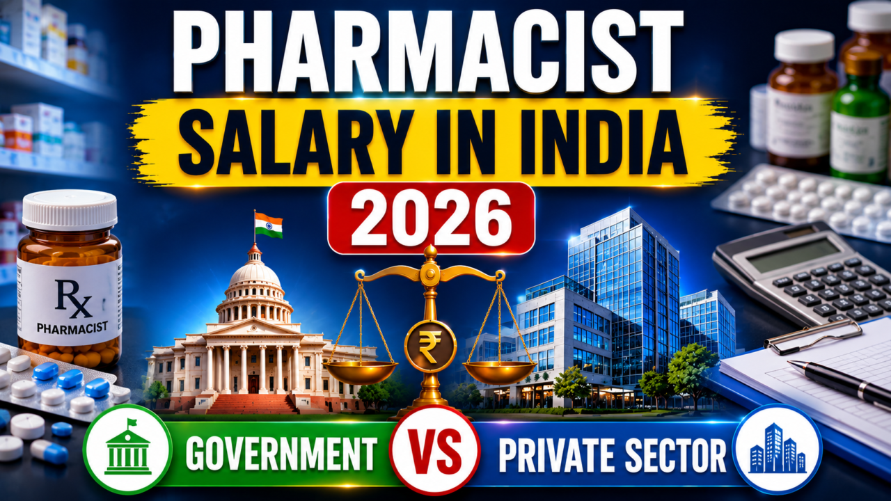 Pharmacist Salary in India 2026 thumbnail showing medicines, pharmacy bottles, salary symbol, government building, private corporate offices, and comparison between Government and Private Sector pharmacist salaries.