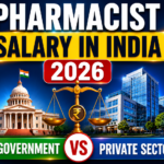 Pharmacist Salary in India 2026 thumbnail showing medicines, pharmacy bottles, salary symbol, government building, private corporate offices, and comparison between Government and Private Sector pharmacist salaries.