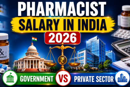 Pharmacist Salary in India 2026 thumbnail showing medicines, pharmacy bottles, salary symbol, government building, private corporate offices, and comparison between Government and Private Sector pharmacist salaries.
