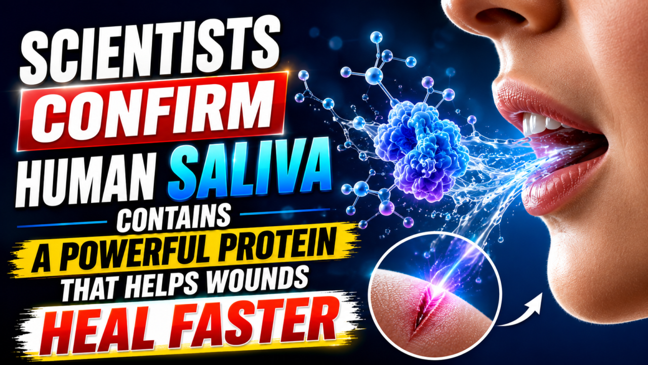 Eye-catching science-themed thumbnail showing a close-up of human saliva, molecular protein structures, and a healing wound illustration with bold text highlighting the discovery that saliva contains a powerful protein that helps wounds heal faster.