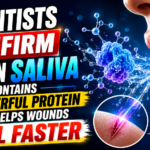 Eye-catching science-themed thumbnail showing a close-up of human saliva, molecular protein structures, and a healing wound illustration with bold text highlighting the discovery that saliva contains a powerful protein that helps wounds heal faster.