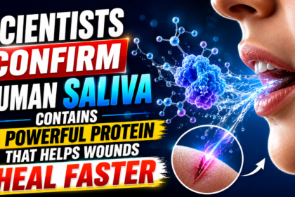 Eye-catching science-themed thumbnail showing a close-up of human saliva, molecular protein structures, and a healing wound illustration with bold text highlighting the discovery that saliva contains a powerful protein that helps wounds heal faster.