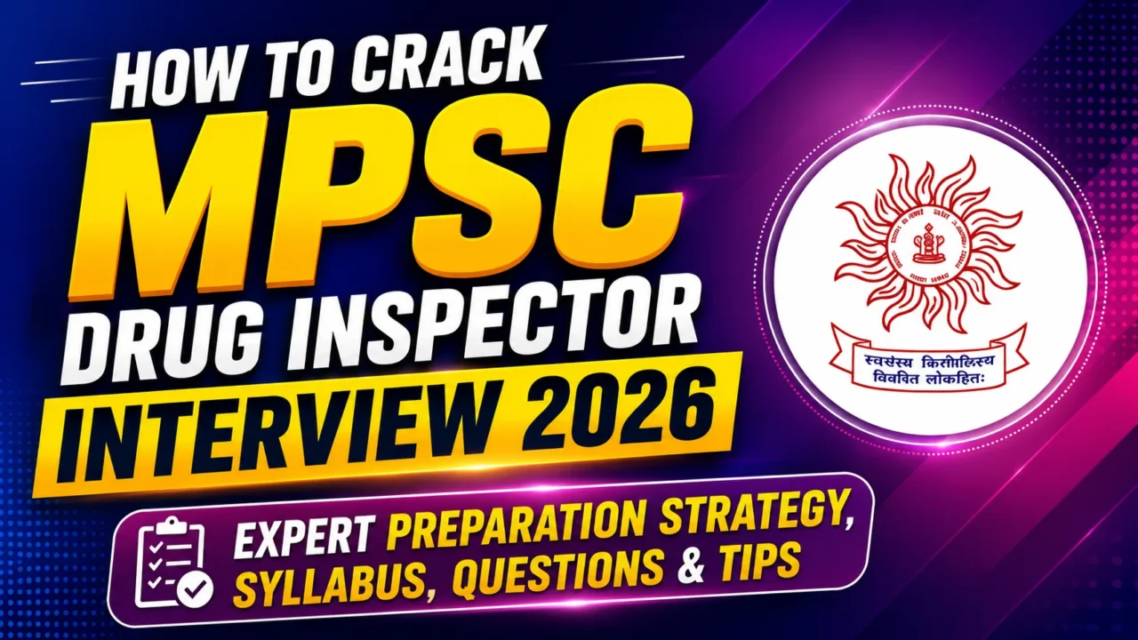 MPSC Drug Inspector Interview 2026 preparation thumbnail featuring bold yellow and white typography, MPSC logo, and a purple-blue gradient background highlighting expert preparation strategy, syllabus, questions, and tips.