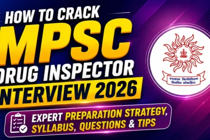 MPSC Drug Inspector Interview 2026 preparation thumbnail featuring bold yellow and white typography, MPSC logo, and a purple-blue gradient background highlighting expert preparation strategy, syllabus, questions, and tips.