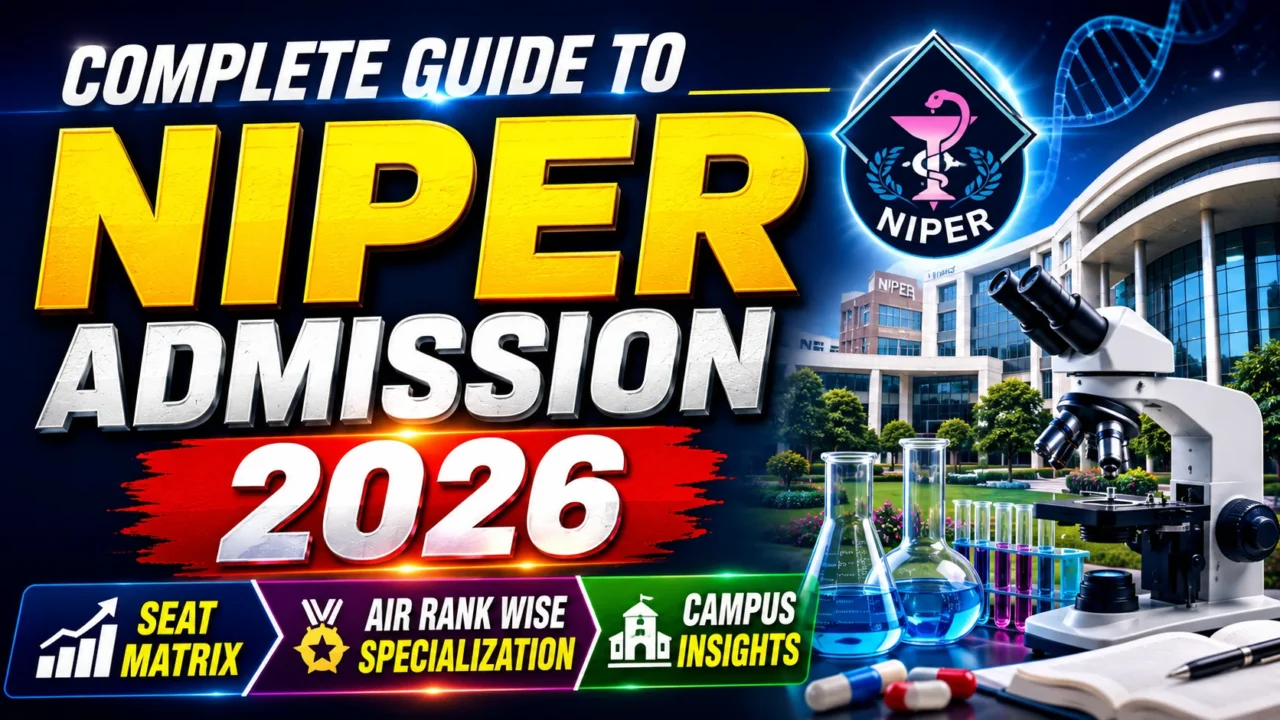 YouTube thumbnail for NIPER Admission 2026 featuring a modern NIPER campus building, laboratory microscope, DNA structure, pharmaceutical research equipment, and admission guidance elements related to seat matrix, AIR rank-wise specialization, and campus insights.