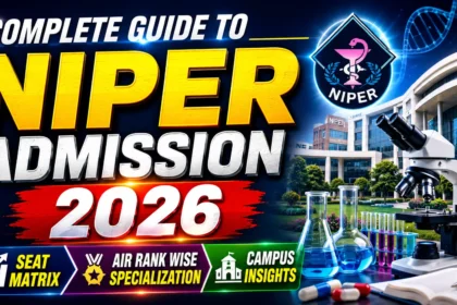 YouTube thumbnail for NIPER Admission 2026 featuring a modern NIPER campus building, laboratory microscope, DNA structure, pharmaceutical research equipment, and admission guidance elements related to seat matrix, AIR rank-wise specialization, and campus insights.