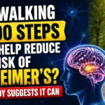 YouTube thumbnail showing a glowing human brain, neural network background, and a walking path, highlighting a study suggesting that walking 3,000 steps daily may help reduce the risk of Alzheimer’s disease.