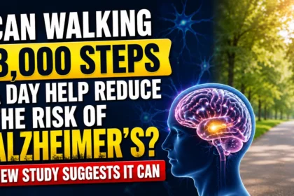 YouTube thumbnail showing a glowing human brain, neural network background, and a walking path, highlighting a study suggesting that walking 3,000 steps daily may help reduce the risk of Alzheimer’s disease.