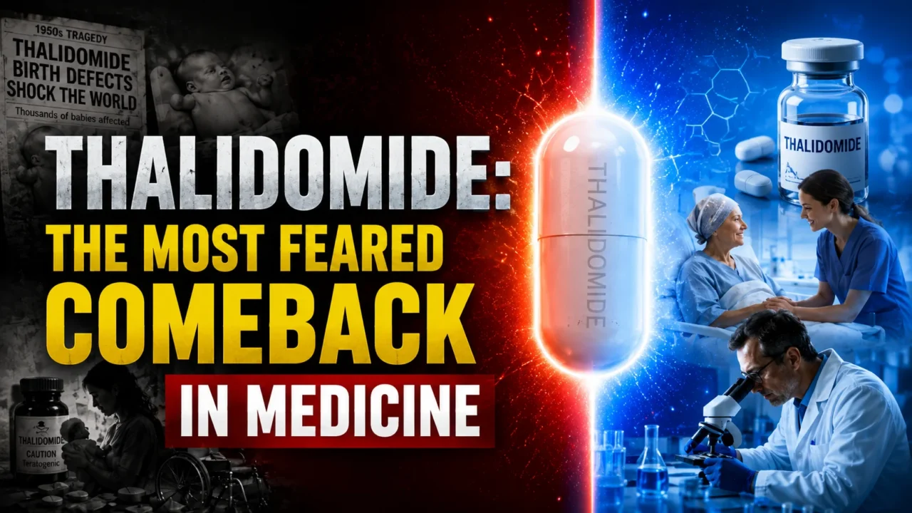 YouTube thumbnail illustrating the history and modern comeback of Thalidomide, featuring a split red-blue design, a glowing capsule, historical birth defect tragedy imagery on one side, and modern medical research and cancer treatment scenes on the other.