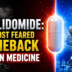 YouTube thumbnail illustrating the history and modern comeback of Thalidomide, featuring a split red-blue design, a glowing capsule, historical birth defect tragedy imagery on one side, and modern medical research and cancer treatment scenes on the other.