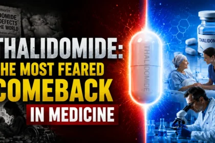YouTube thumbnail illustrating the history and modern comeback of Thalidomide, featuring a split red-blue design, a glowing capsule, historical birth defect tragedy imagery on one side, and modern medical research and cancer treatment scenes on the other.
