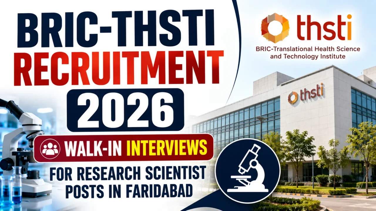 BRIC-THSTI Recruitment 2026 thumbnail featuring THSTI campus building, laboratory microscope, and walk-in interview announcement for Research Scientist posts in Faridabad.