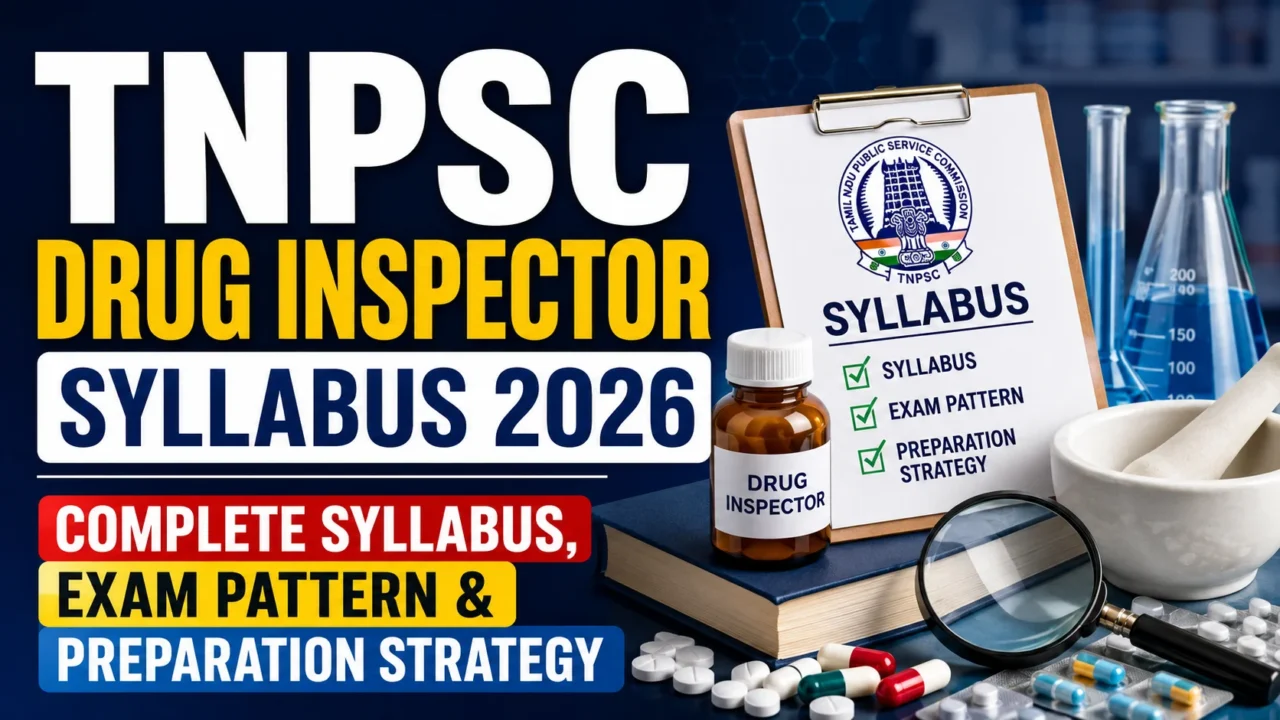 TNPSC Drug Inspector Syllabus 2026 thumbnail featuring pharmaceutical books, laboratory equipment, medicines, and a syllabus checklist highlighting exam pattern and preparation strategy.