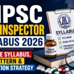 TNPSC Drug Inspector Syllabus 2026 thumbnail featuring pharmaceutical books, laboratory equipment, medicines, and a syllabus checklist highlighting exam pattern and preparation strategy.