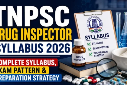 TNPSC Drug Inspector Syllabus 2026 thumbnail featuring pharmaceutical books, laboratory equipment, medicines, and a syllabus checklist highlighting exam pattern and preparation strategy.