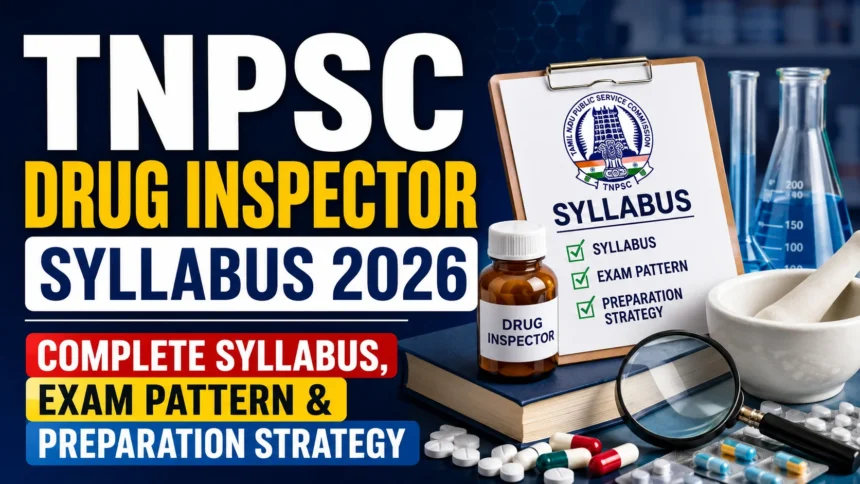 TNPSC Drug Inspector Syllabus 2026 thumbnail featuring pharmaceutical books, laboratory equipment, medicines, and a syllabus checklist highlighting exam pattern and preparation strategy.