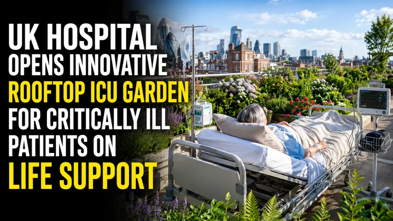 Hospital patient on life support resting in a rooftop ICU garden surrounded by flowers, greenery, and medical equipment with a city skyline in the background.