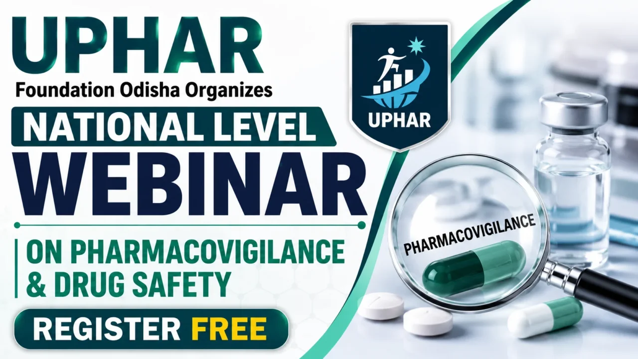 YouTube thumbnail for the UPHAR Foundation Odisha National Level Webinar on Pharmacovigilance and Drug Safety featuring medical research visuals, a vaccine vial, capsules, magnifying glass, and a bold "Register Free" call-to-action.